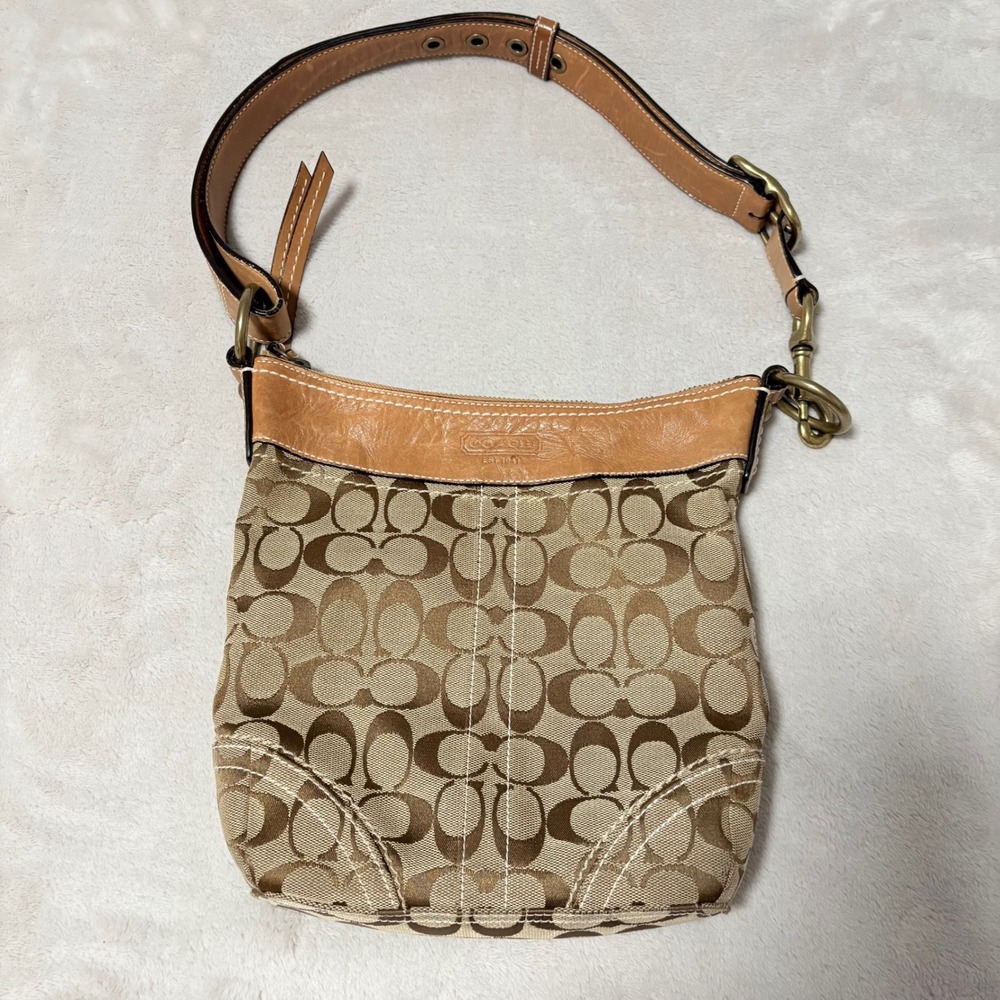 Y2K Vintage Coach Signature Jacquard Small Duffel Shoulder Bag Women Tan 10402